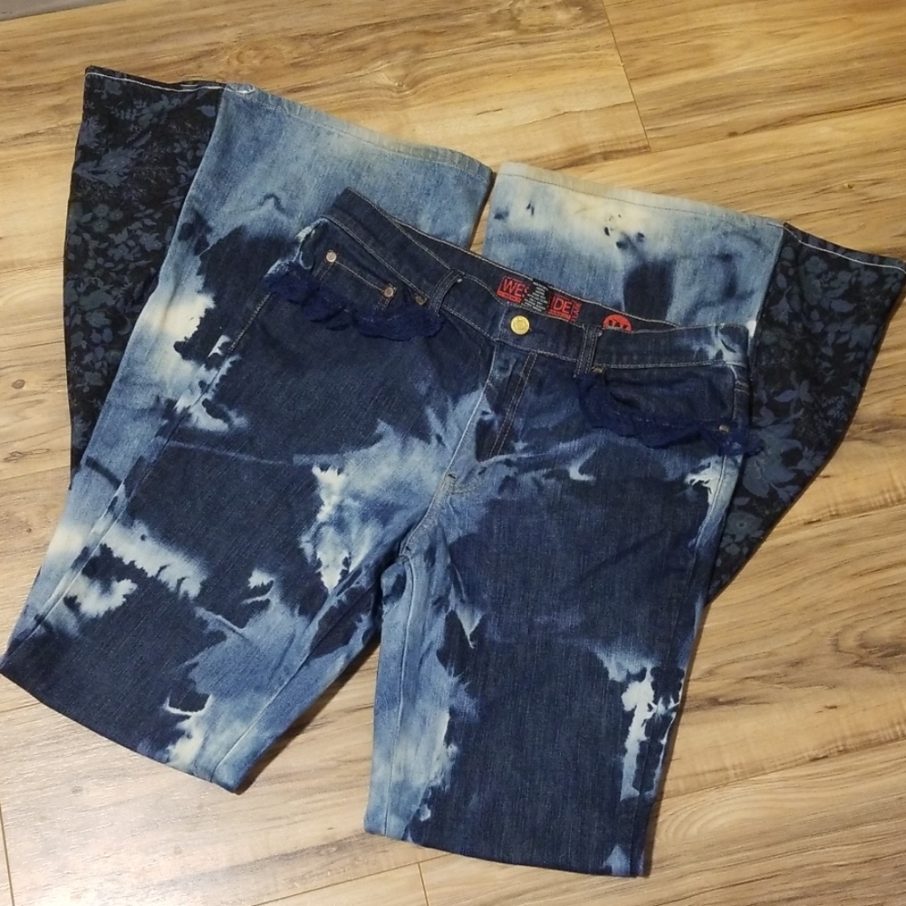 Blue Wild Flower Gypsy Bell Bottom Jeans Boho